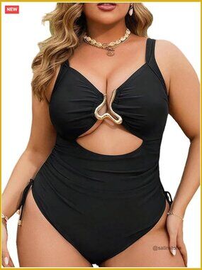 Plus Size One Piece Swimsuit Cut Out High Waisted Drawstring Monokini